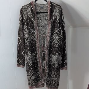 Eddie Bauer Brown and Cream Knit Open-Front Cardigan with Pink Trim